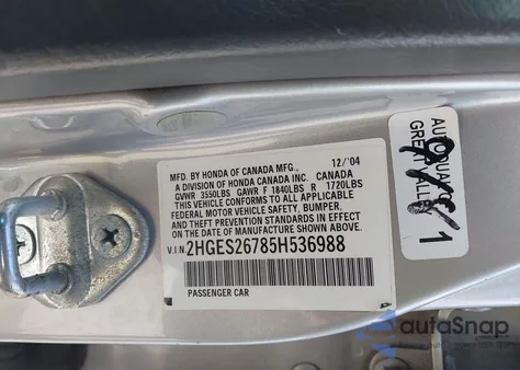 2005 Honda Civic Ex z USA, uszkodzony, nr VIN 2HGES26785H536988